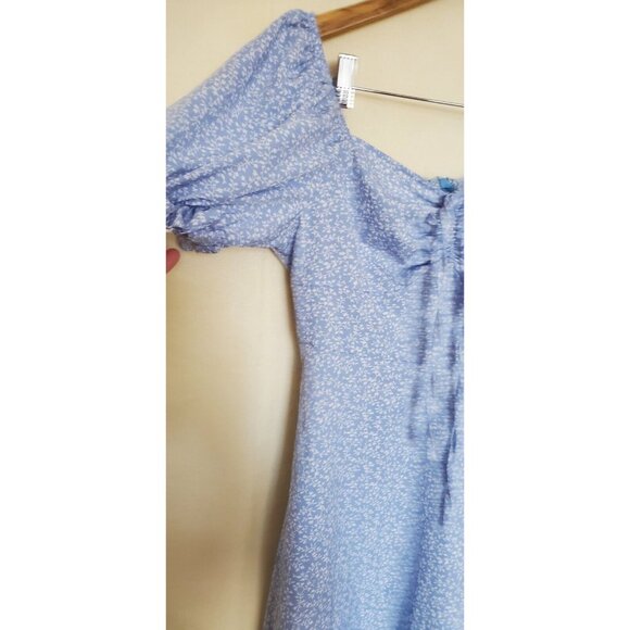 Blue Floral Dress Size S Back Zip Cottage Core Puffed Short Sleeve Off Shoulders - Picture 10 of 16